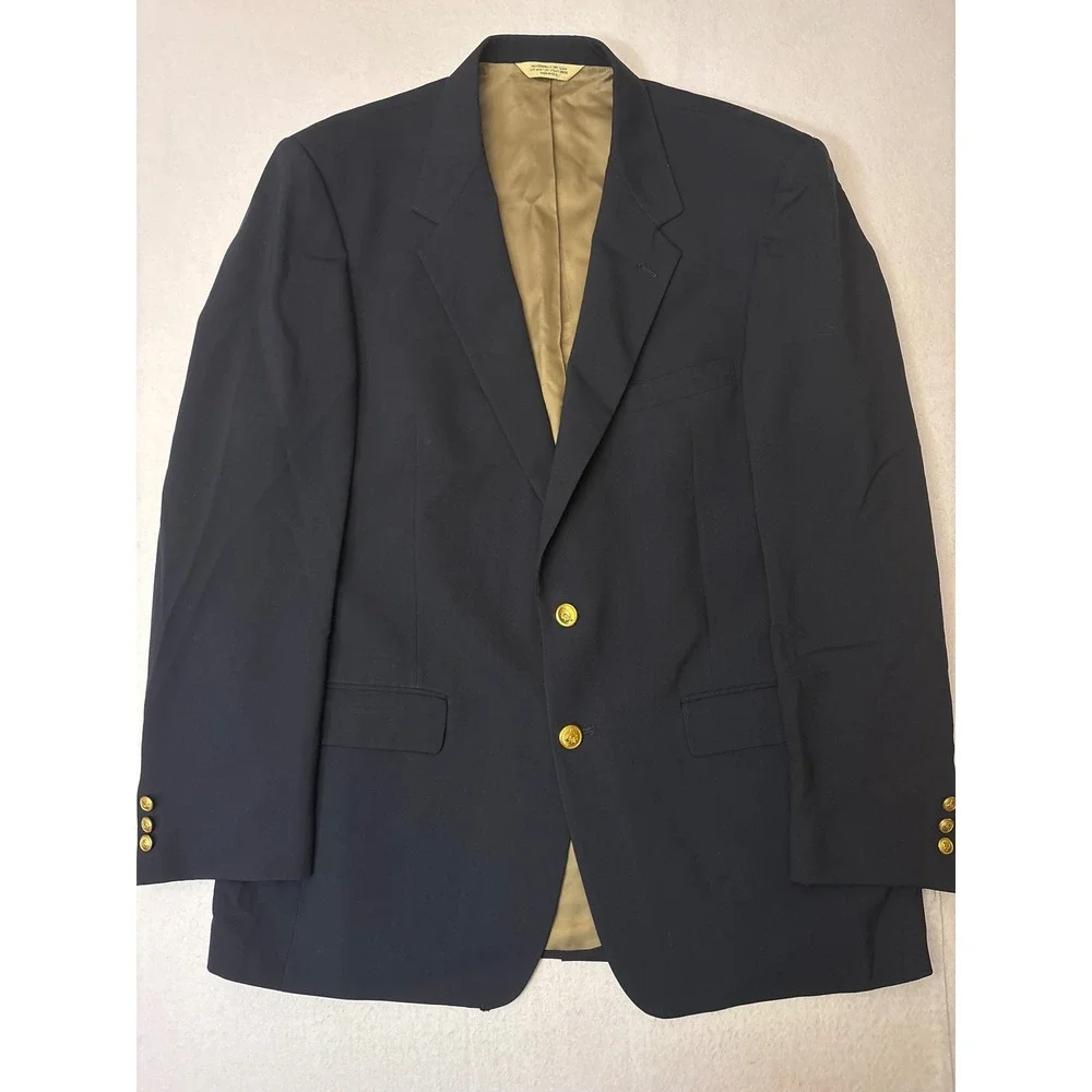 Palm Beach Mens Navy Blue Pure Wool Blazer Gold Crest Button Sport Coat USA Made